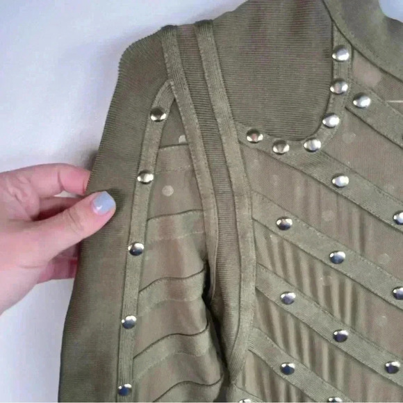 House of CB London Olive Green Mesh Bandage Mini Dress With Gold Studs - Picture 6 of 8